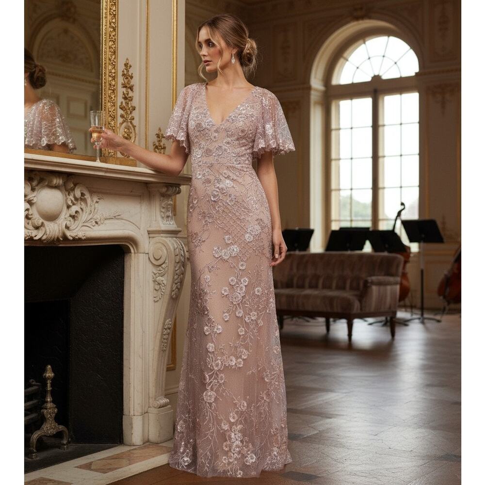 Mac Duggal Rose Pink Embroidered Lace Gown – Size 10  NWT – Nude Base w/ Sequins